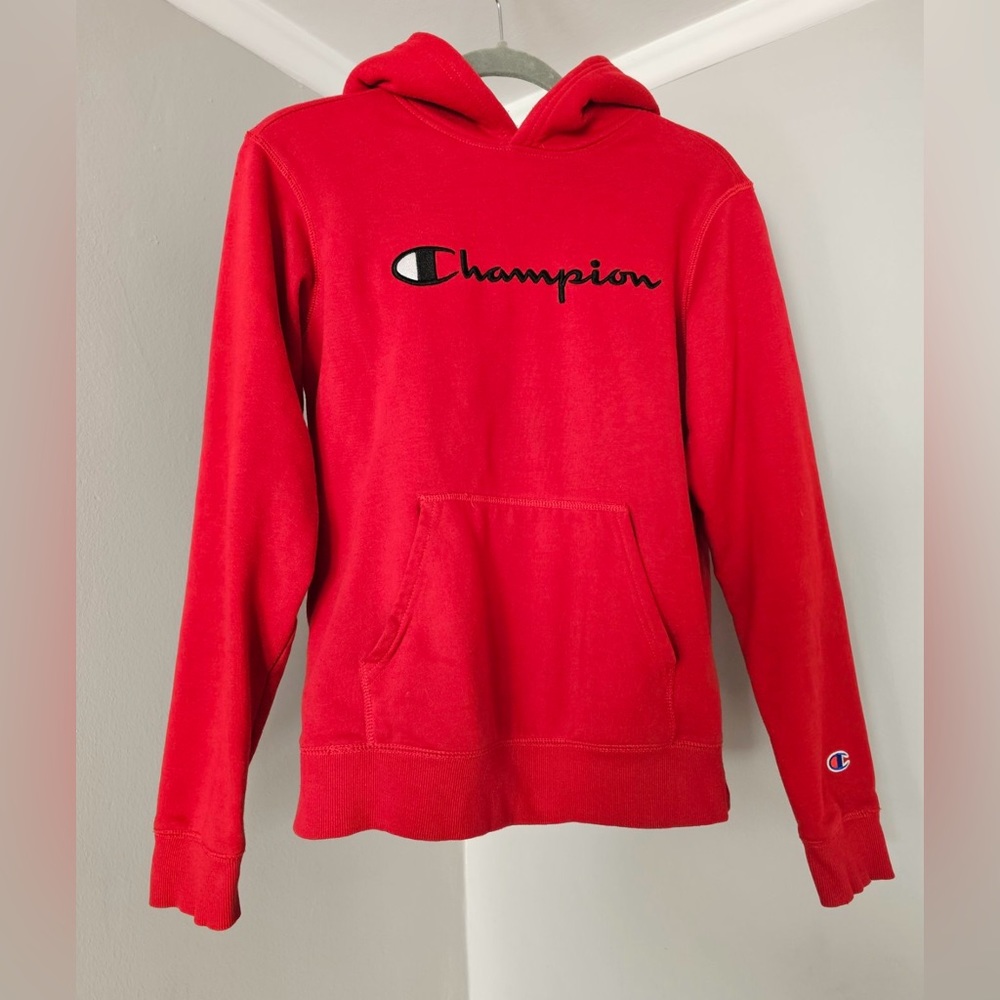 Boys Champion Sweatshirt Hoodie Lined Youth Size XL Red Athleticwear Runs small